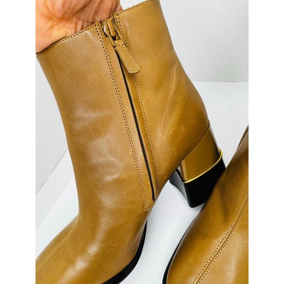 Tory Burch Tan Almond Leather Block Heel Ankle Boots Size 10 M Designer Booties - Picture 5 of 13